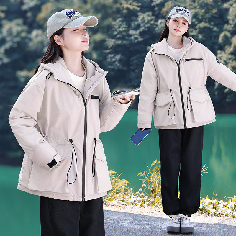2024 invierno nuevo estudiante de secundaria secundaria encapuchado casual suelto al aire libre traje de asalto chaqueta de trabajo de algodón intercalado