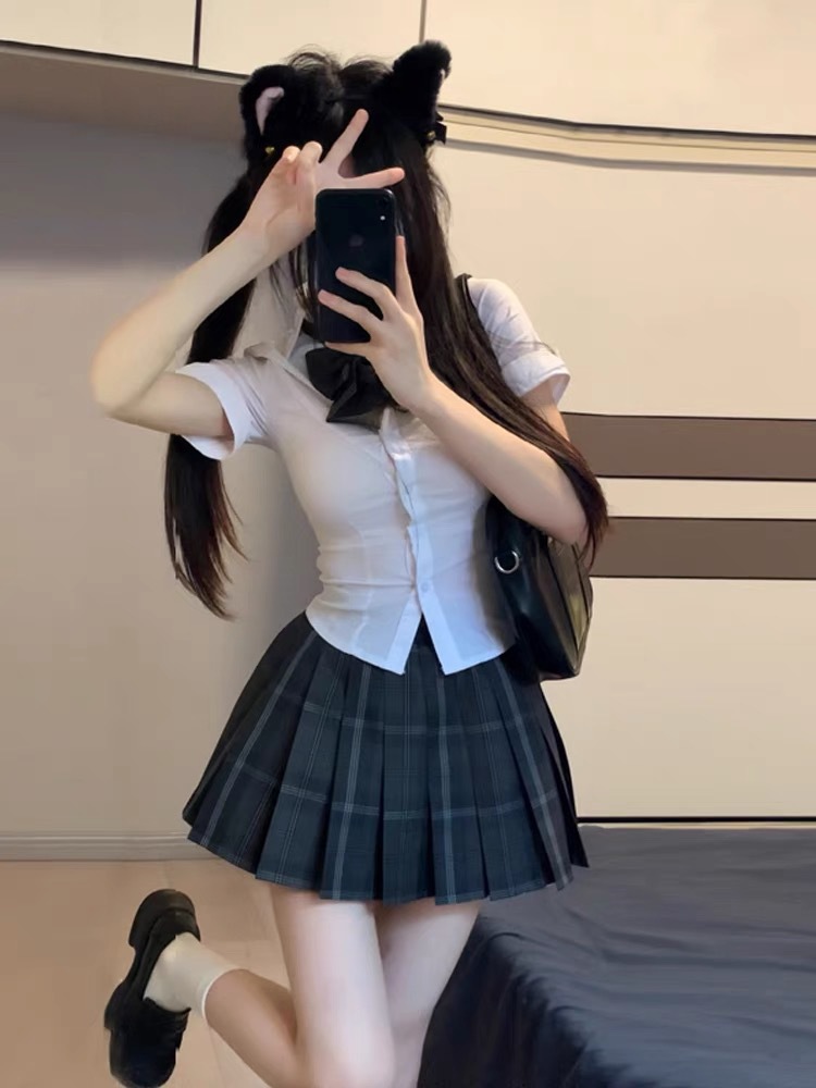 JK 유니폼 허리 셔츠 탑 반팔 원래 대학 스타일 슬림 슬림 화이트 셔츠 뜨거운 여자 정장