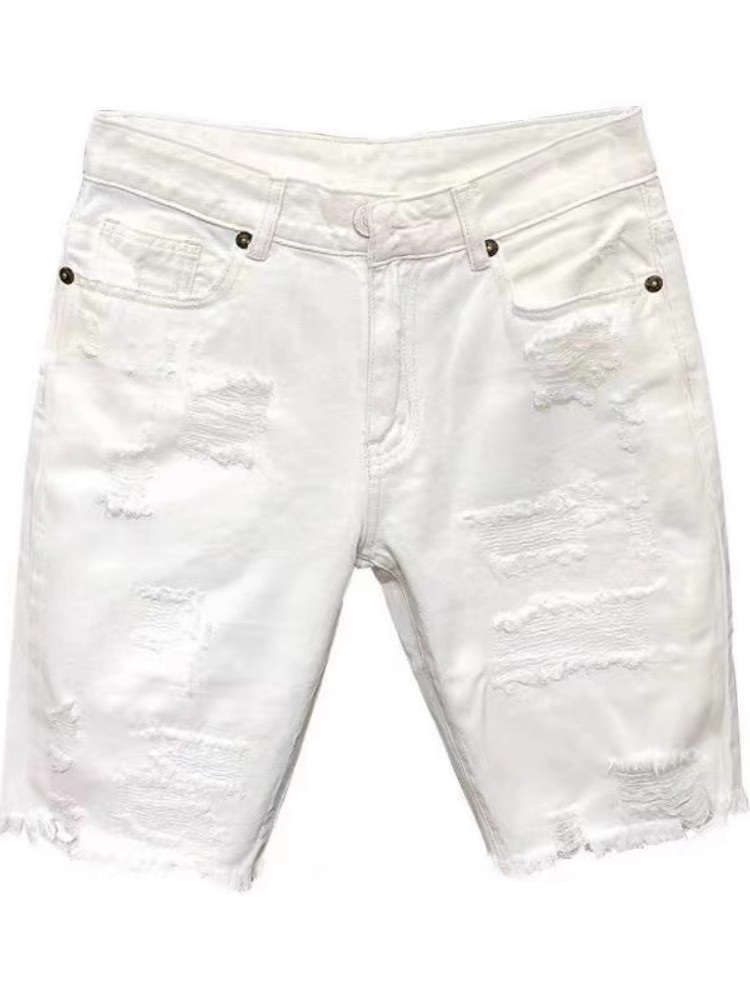 Women's High-Waisted White Denim Shorts Straight Leg Loose Fit Ripped Mid-Length Trendy Summer Style Casual Thin_mkmklike.com