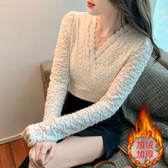 velvet thickened lace base shirt for women in autumn and winter style sexy collar mesh inner layer design niche hollow top