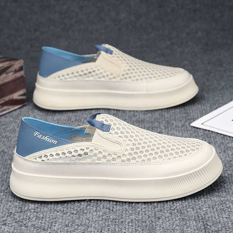 Мужская обувь без шнуровки, летние дышащие туфли из тонкой сетки, старая пекинская тканевая обувь, нескользящая сетчатая обувь на толстой подошве для спорта и отдыха