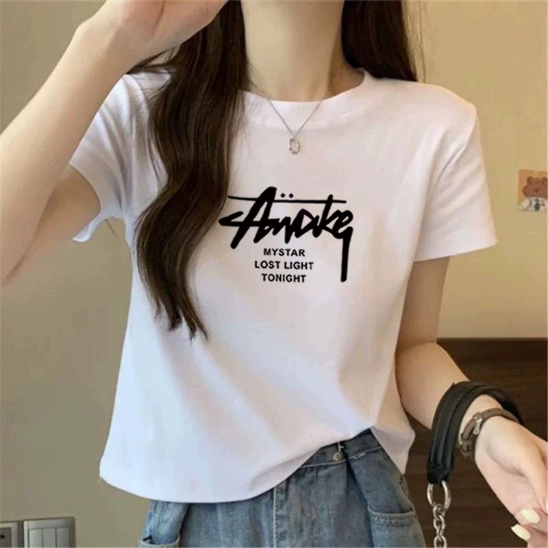 Pure Cotton Short-Sleeved T-Shirt for Women Summer New White Round Neck Shirt Slim Short Petite Versatile Top Pure Cotton
