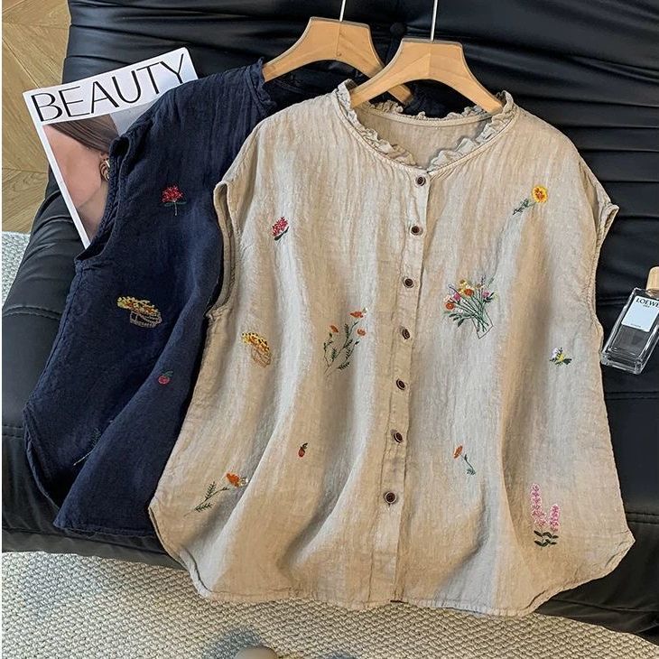 Floral Heavy Embroidery Cotton-Linen Sleeveless Round-Neck Shirt for Women, Summer Design, Niche Retro Lazy Style, Thin Top Floral Heavy Embroidery Cotton-Linen Sleeveless Round-Neck Shirt for Women, Summer Design, Niche Retro Lazy Style, Thin Top