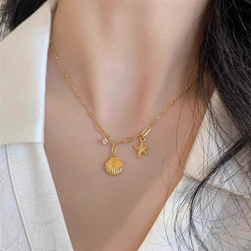 鈦鋼不掉色海星貝殼吊墜項鍊女金色小眾輕奢高級感不鏽鋼鎖骨鏈新