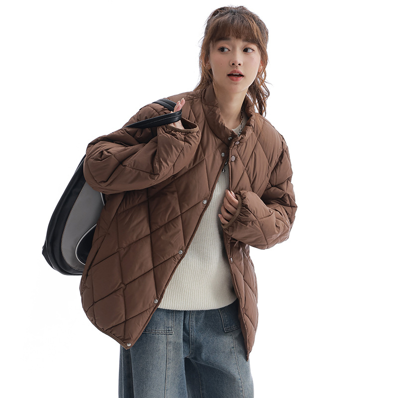 2025新款韩版立领棉服女短款宽松夹克冬季跨境时尚菱形格棉袄外套