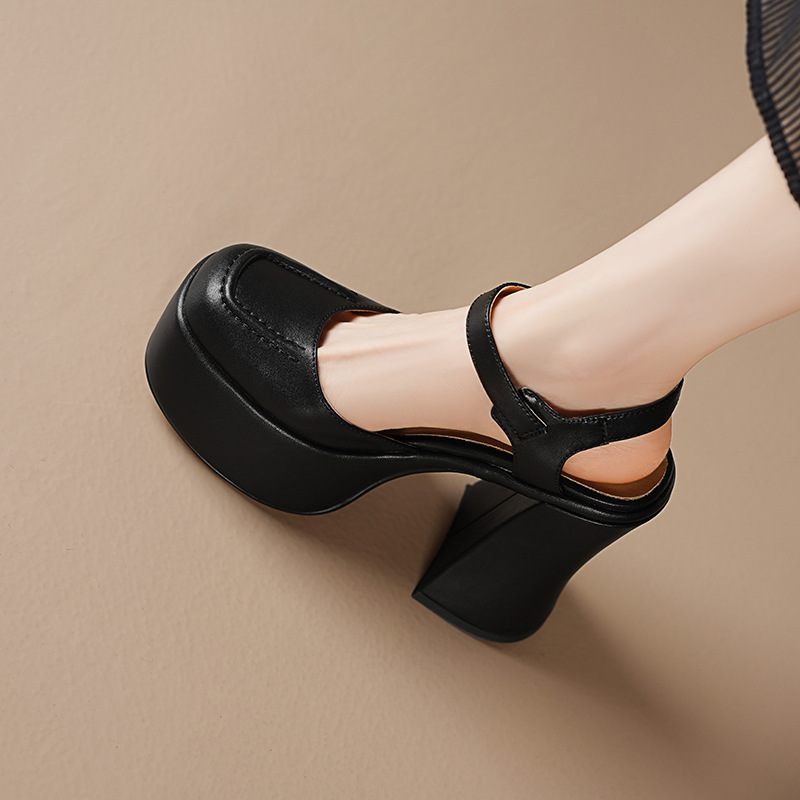 Giày cao gót nữ bít mũi đế xuồng platform quai ngang khóa, gót 9 cm — Màu đen