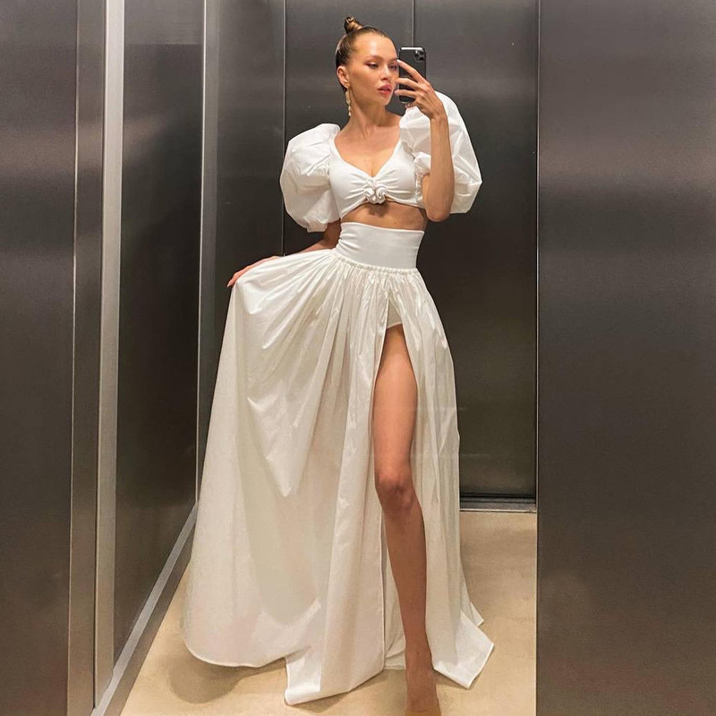 New Cross-border European and American Long Dress Two-piece Puff Sleeve Dress Tight Waist High Split French Long Dress suit New Cross-border European and American Long Dress Two-piece Puff Sleeve Dress Tight Waist High Split French Long Dress suit