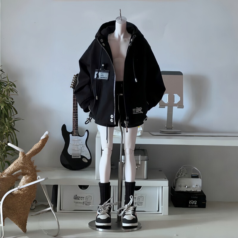 Bjd Four-Piece Doll Clothes Set, Suitable for Large, Medium, and Small Dolls, Includes Black and Red Windbreaker Outfits, Cute and Stylish Doll Clothes