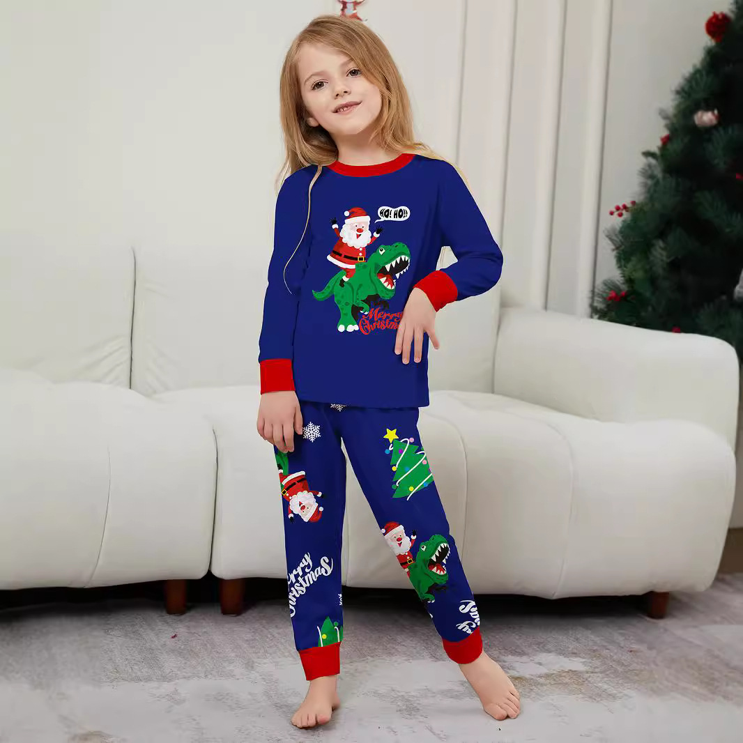 Božićna kućna odjeća Obiteljska odjeća Zelena pidžama s printom dinosaura Djeda Mraza Plavo odijelo_voghion.com
