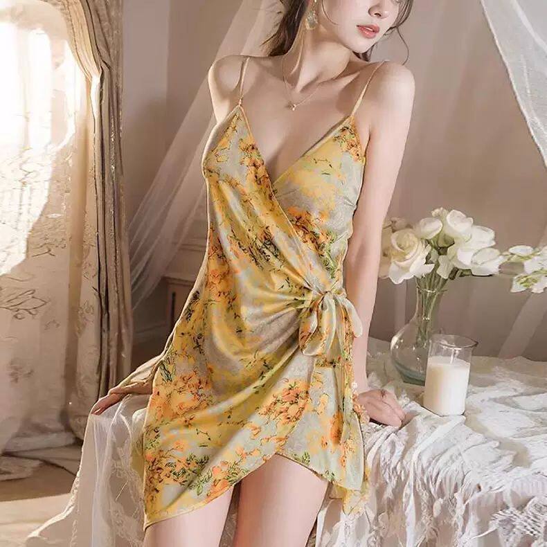 Plus-Size Ice Silk Nightgown for Women, Sexy Tie-Up One-Piece Robe-Style Camisole Nightdress, New Summer Model 150kg