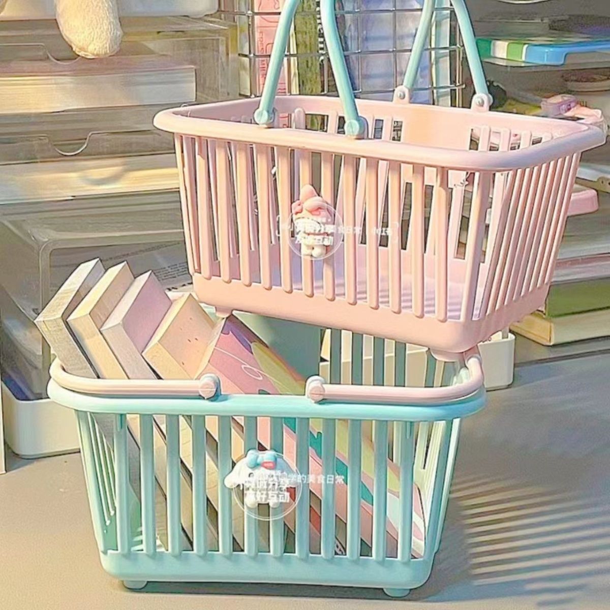 Cesta de almacenamiento portátil macarón encantadora rosa de corazón de niña pegatinas de papelería accesorios de escritorio cesta de almacenamiento