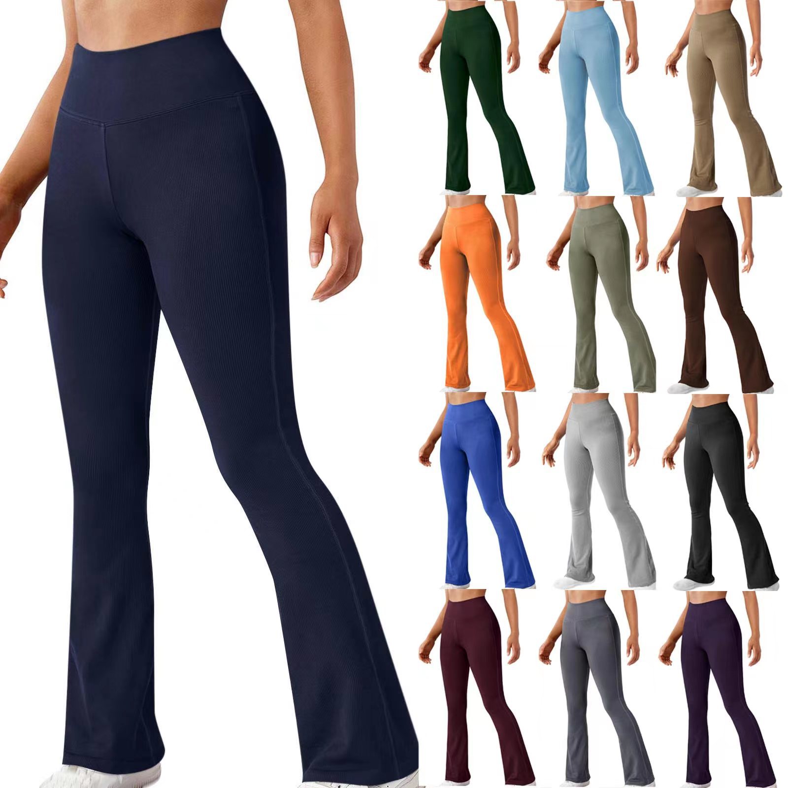 2023 跨境欧美 新款休闲运动瑜伽服螺纹阔腿微喇叭跑步运动瑜伽裤