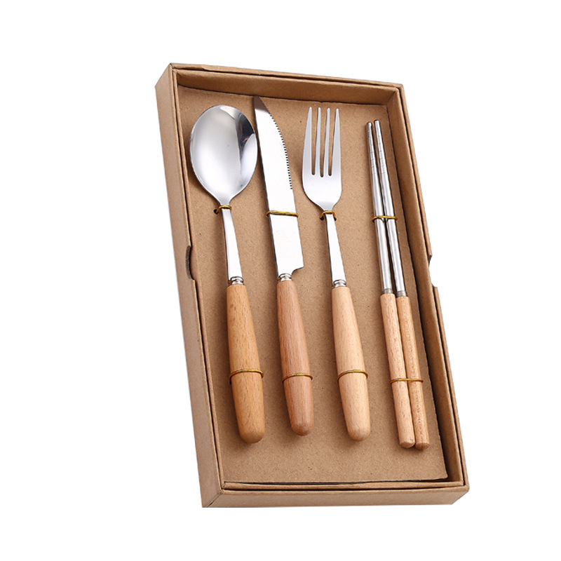 Cuchillo de carne japonés de acero inoxidable mango de madera transfronteriza, tenedor, cuchara palillos cuchara de postre regalo de cuatro piezas traje de vajilla portátil