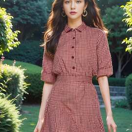 盐系轻熟超好看法式气质裙子红色格子衬衫连衣裙2025新款女装夏季