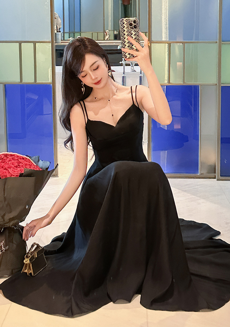Váy đen dây đeo kiểu Pháp eo cao dáng suông dài midi — Màu đen chi tiết 6