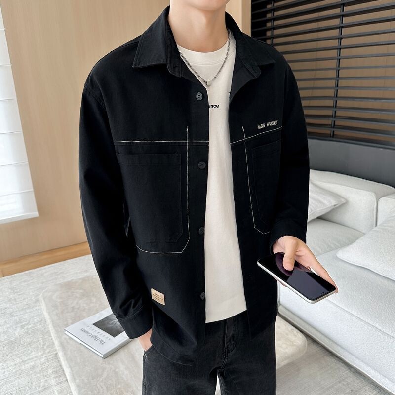 2026 Autumn New Style Shirt Collar Jacket for Men, Solid Color Embroidered Fashion Stylish Versatile Outerwear Trendy Top