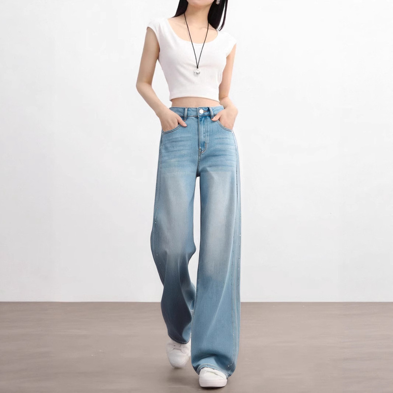 Li Girl's Rhinestone Wide-Leg Jeans for Women, High-Waisted, 2026 Summer New Style, Loose Fit, Slimming, Draped Straight-Leg Pants for Women