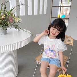女童短袖T恤2026新款夏装儿童时髦洋气卡通泡泡袖网纱薄款上衣潮