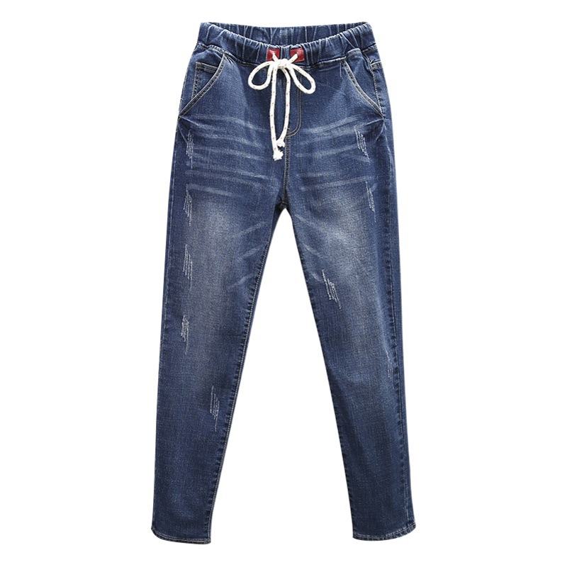 Autumn and winter New Large size stretch denim pants 200kg loose slim elastic high waist Harlan radish pants