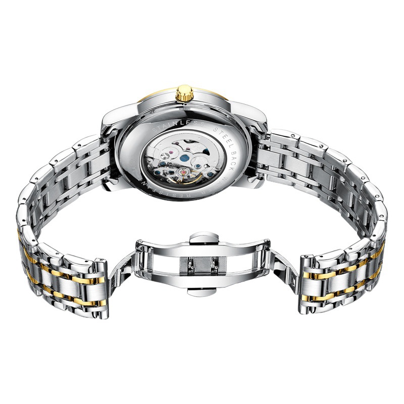 CHENXI reloj casual reloj mecánico automático de los hombres fase lunar nueva mariposa hebilla correa de acero hueco-hacia fuera transparente inferior