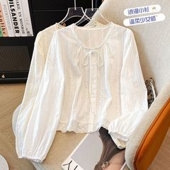 春季新款圆领设计感蕾丝花边系带刺绣衬衫女杏色白色香云纱露肩薪