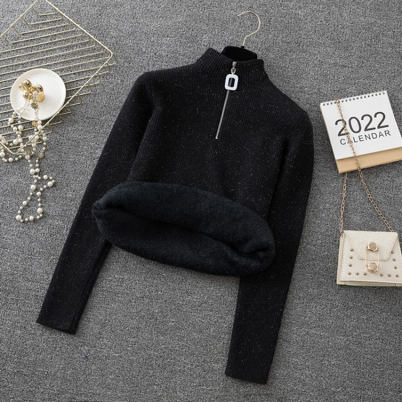 Velvet winter keep warm knitted sweater with zipper