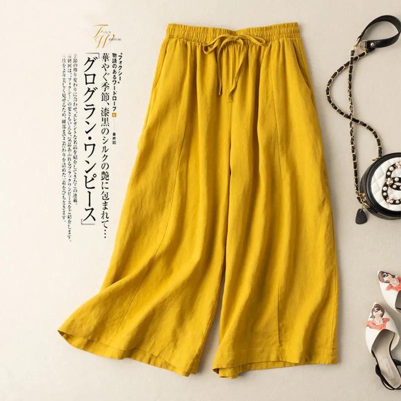 Drop-down cotton and linen cropped wide-leg pants women's high waist loose summer thin slimming versatile plus size casual straight pants