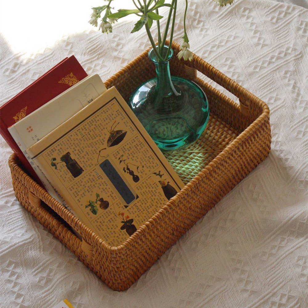 藤編み収納バスケット日系家庭用デスクトップ整理バスケット間食玩具収納ボックス手提げ本枠収納ボックス