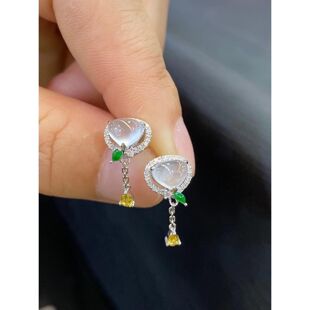 Sweet little love high ice through chalcedony earrings s925 sterling silver inlaid small yellow diamond simple fashion Joker