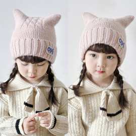 宝宝帽子冬季新款女孩韩版洋气男女童纯色加厚保暖针织毛线套头帽
