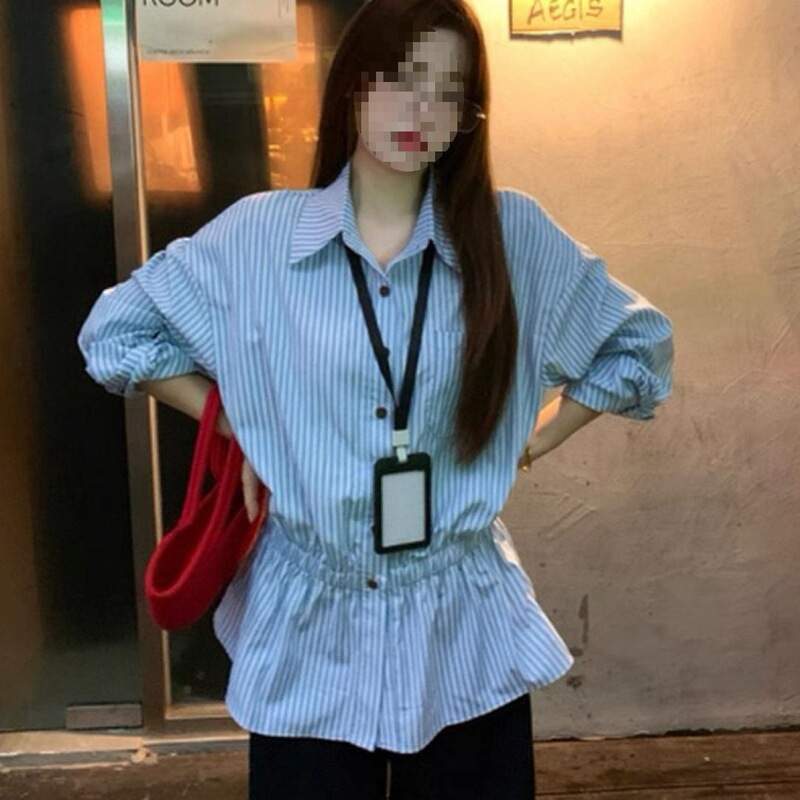 (全额运补)早秋通勤百搭领条纹收腰衬衫女显瘦上衣其他无袖|undefined