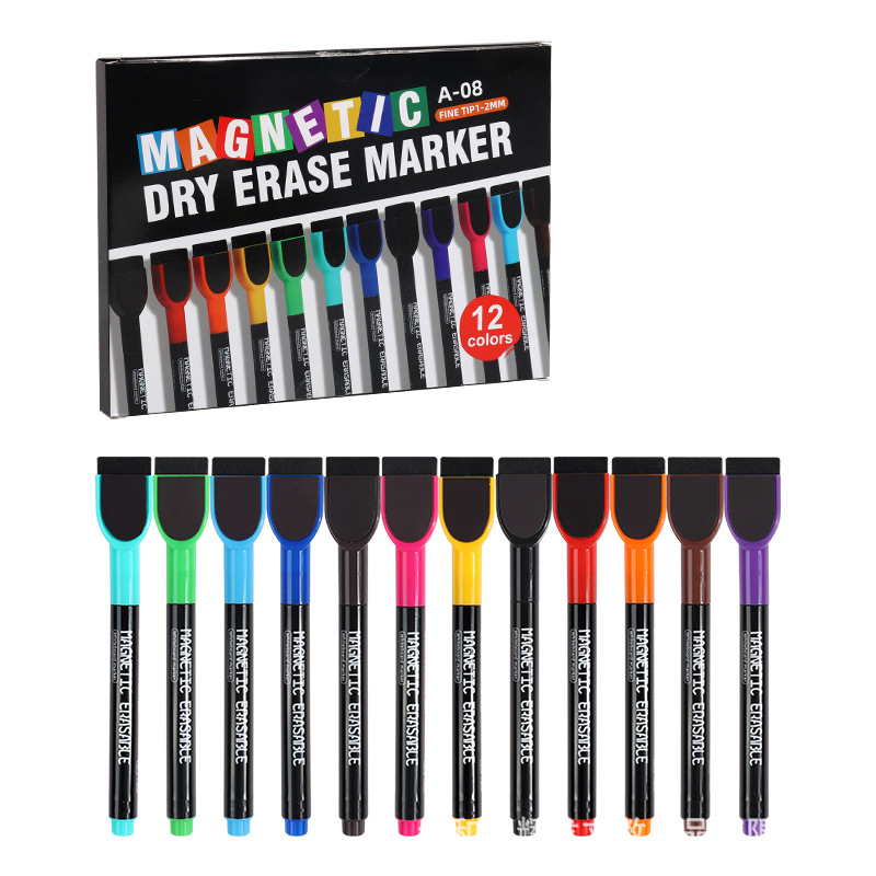 Bolígrafo de pizarra al por mayor con cepillo magnético de oficina con 12 colores de gran capacidad limpiable y ecológico no tóxico