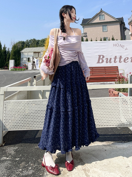 Blue autumn demi-season Korean retro long skirt