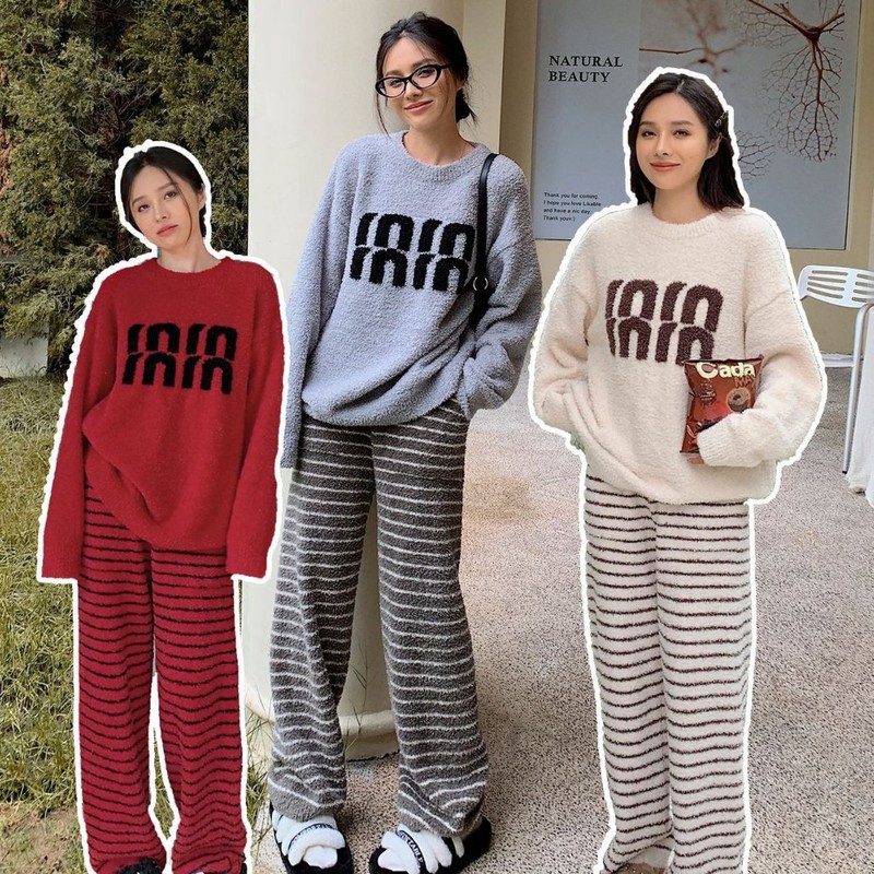 经典圆领字母提花家居服女休闲慵懒时尚百搭可外穿女士睡衣套装|undefined