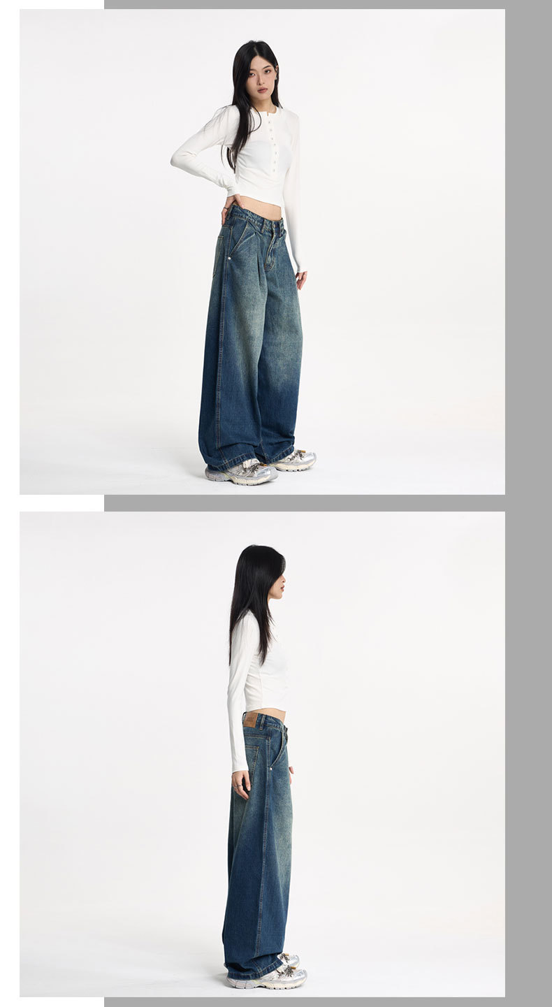LKTM Vintage Washed Color-Fade Bamboo Jeans Wide Leg Trousers Retro American Style for Men And Women_viptrois.com