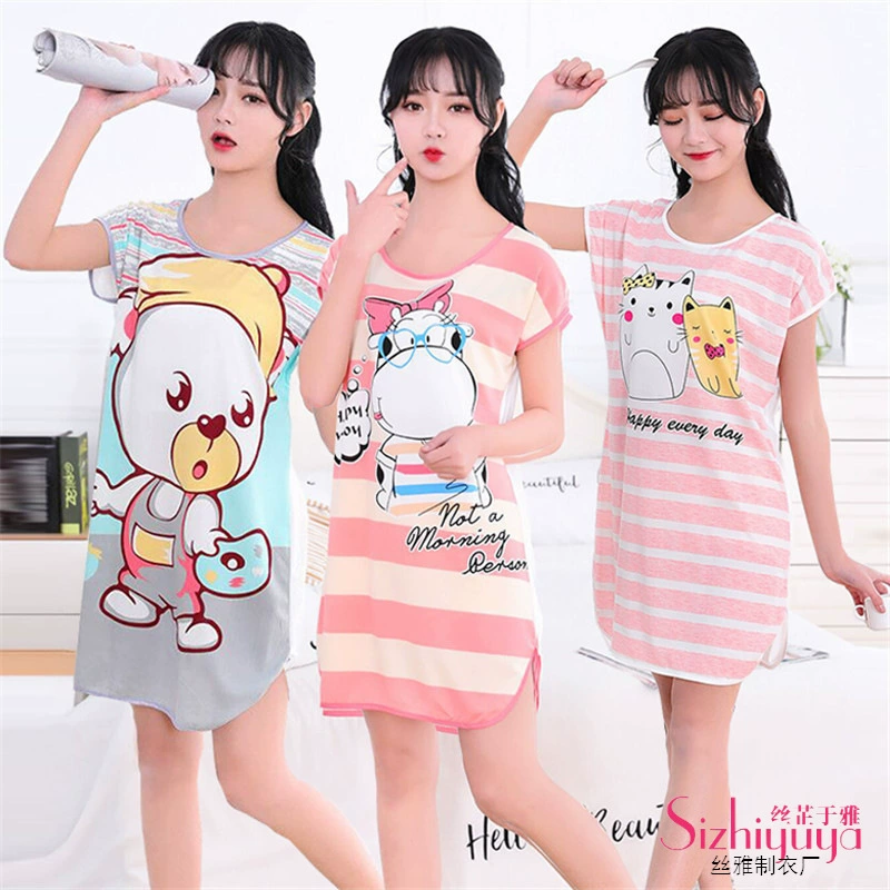 Трансграничная фабричная Летняя женская ночная рубашка с героями мультфильмов оптом, Милая женская цельная домашняя юбка из молочного шелка с короткими рукавами