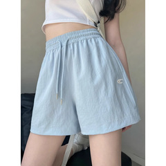 蓝色刺绣工装裤女夏季2025新款高腰宽松a字美式速干运动五分短裤