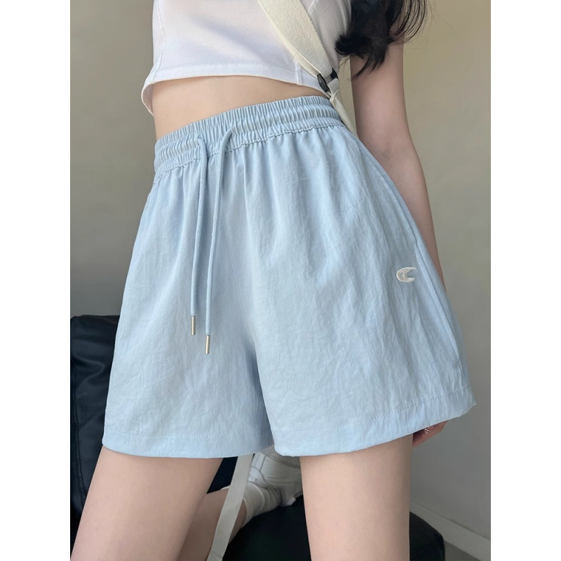 蓝色刺绣工装裤女夏季2025新款高腰宽松a字美式速干运动五分短裤|undefined
