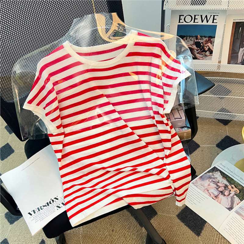 Dahong [Freedom] 25 New Summer Style Splicing Contrasting Round Neck Tencel Stripesd Knitwear Design Top for Women