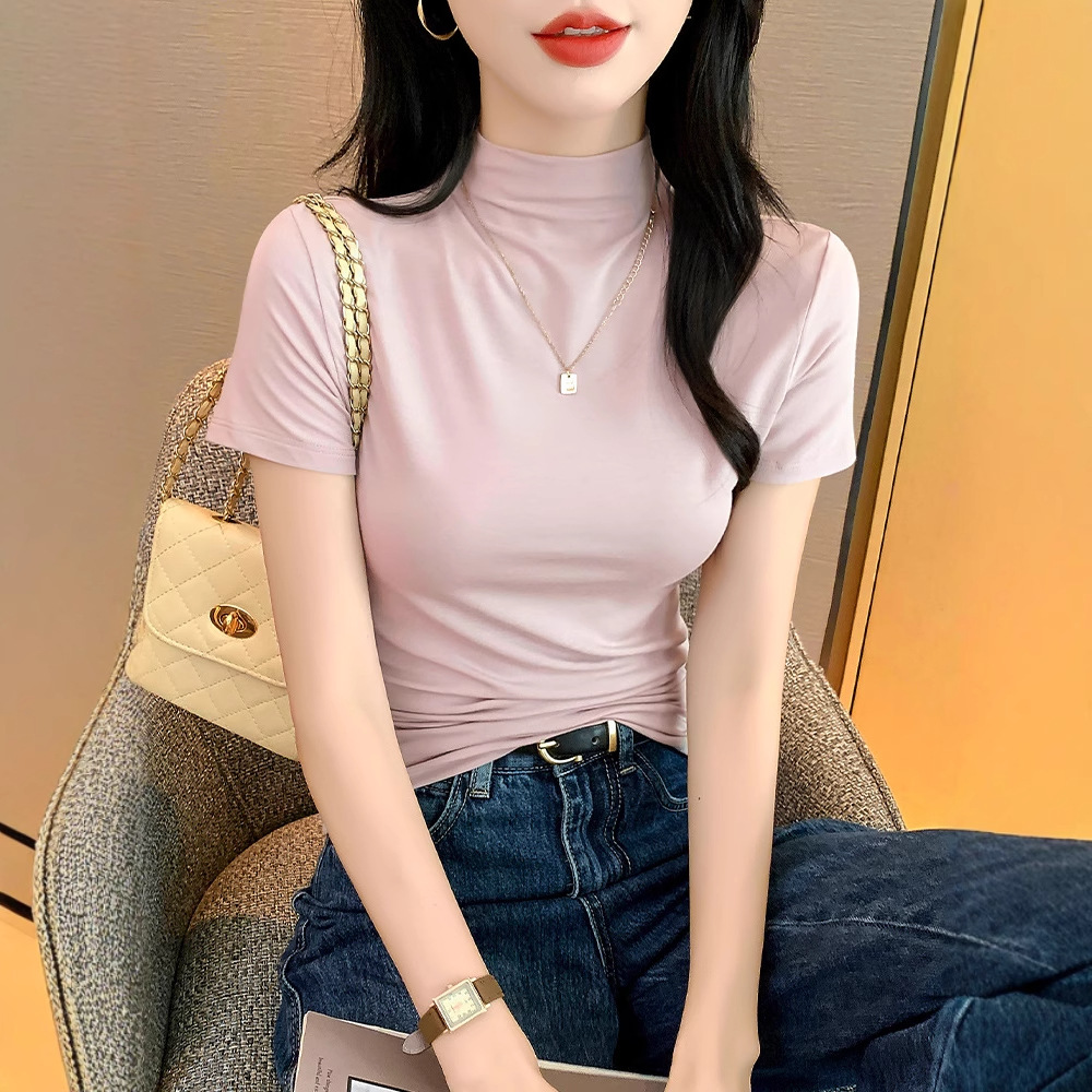 하프 터틀넥 반팔 티셔츠 여성용 신작 여름 타이트 바텀 셔츠, 얇은 오른쪽 어깨 탑