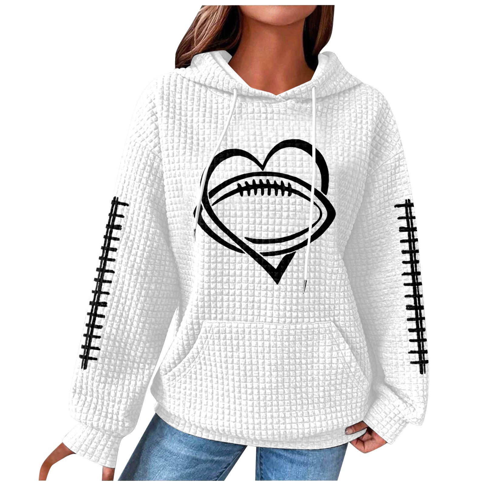 Women's Rugby Hoodie Waffle Knit Pullover Sweatshirt Print_voghion.com