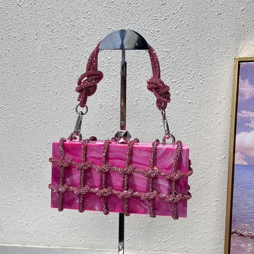 Sparkling Diamond Transparent Acrylic Box Banquet Rhinestone Hand-woven Rope Small Square Armpit Clutch