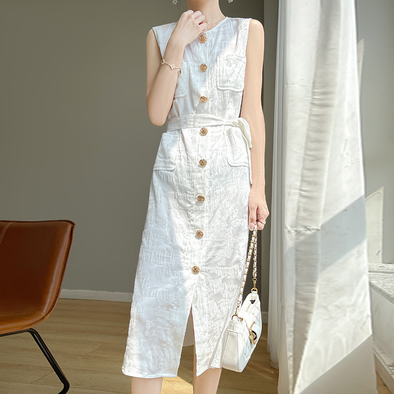 French Satin Sleeveless dress Women's Summer New Elegant Elegant All-match Split Skirt Fashionable Solid Color Long Skirt Trendy French Satin Sleeveless dress Women's Summer New Elegant Elegant All-match Split Skirt Fashionable Solid Color Long Skirt Trendy