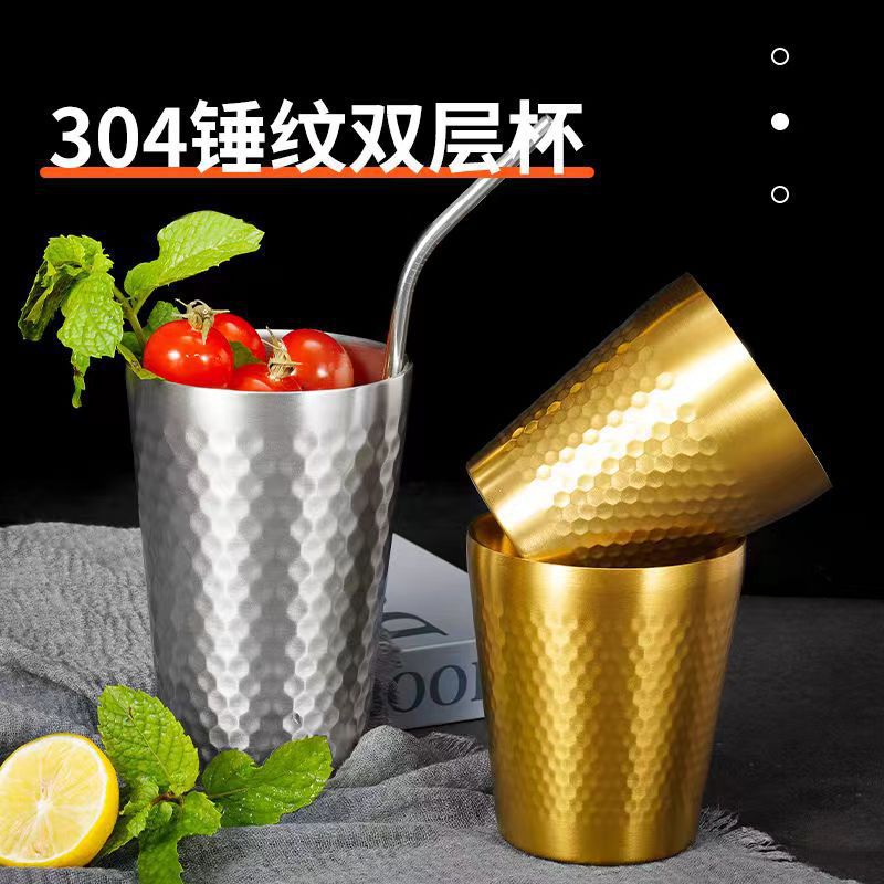 Korean-Style 304 Stainless Steel Double-Layer Hammered Texture Water Cup, Gold Diamond Thickened Insulated Outdoor Camping Beer Fruit Cup