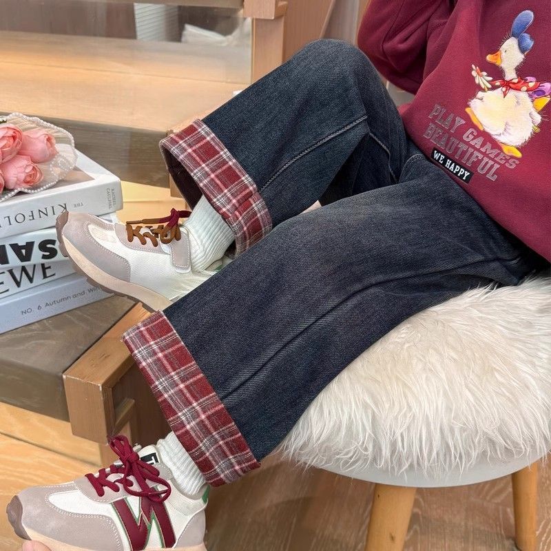 Pantalones de niñas de primavera pantalones jeans de cuadros rojos suaves nuevos niños primavera y otoño delgados bebé pantalones de piernas anchas