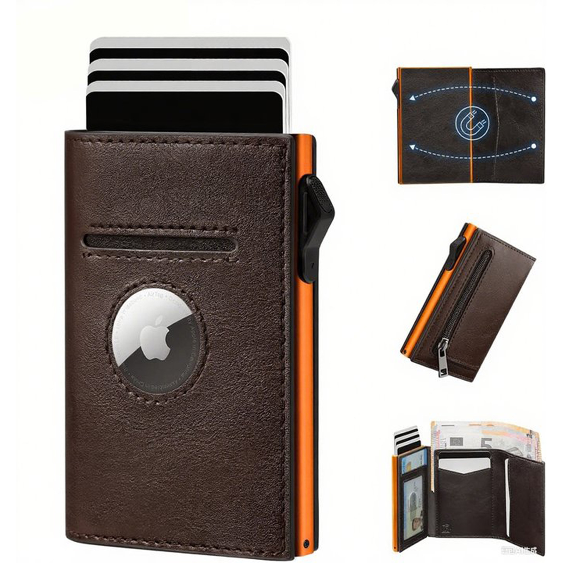 Amazon auto pop-up aluminio cartera de tarjetas triple plegable multifuncional cartera de cuero con airtag cartera de hombre