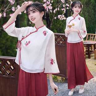 Real Shot of New Chinese Ethnic Style Stand-Up Collar, Mid-Sleeve Embroidered Oblique Placket and Buttoned Top, Retro Chinese Style Improved Culottes Suit