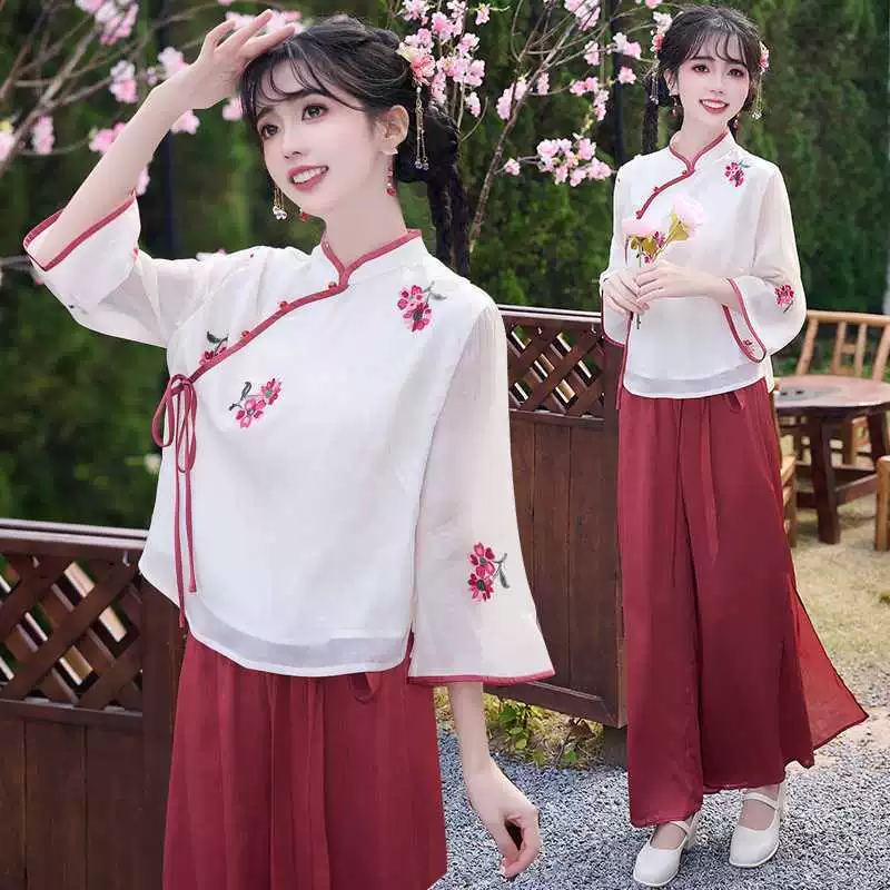 Настоящее фото нового китайского этнического костюма с воротником-стойкой, средним рукавом с вышивкой и косой планкой на пуговицах, улучшенный костюм-кюлоты в китайском стиле в стиле ретро.