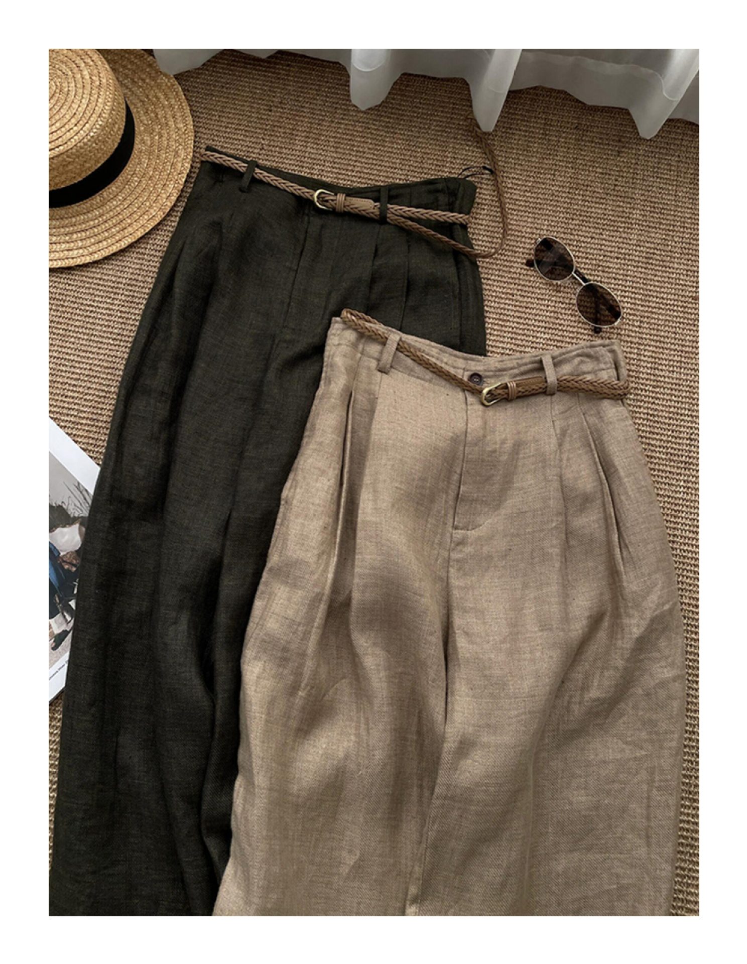 High Waisted Slimming Khaki Linen Wide Leg Pants For Women Trendy Relaxed Straight Leg Casual Trousers_ecoleips.com