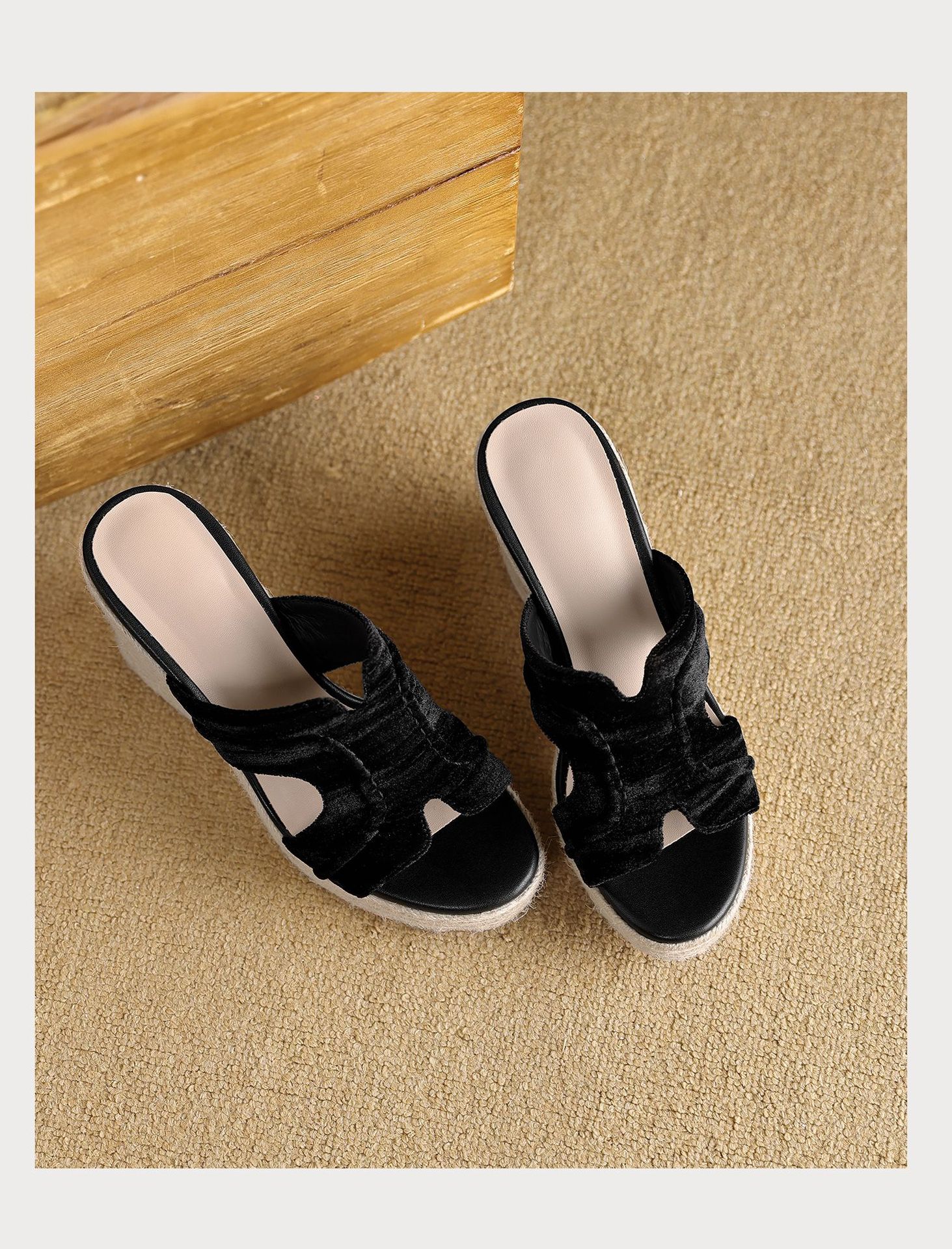 Sandal cao gót nữ đế xuồng phong cách Bohemian, quai ngang đan mây, gót 9 cm — màu đen, màu mơ chi tiết 20